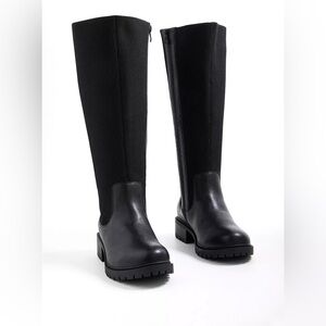 Stretch Ribbed Knee Boot - Black Faux Leather (WW) 6.5